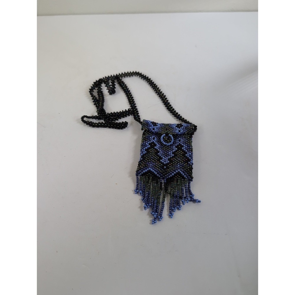 Handmade Art-Deco Seed Bead Flapper Necklace/ Purse Iridescent Blues And Purples